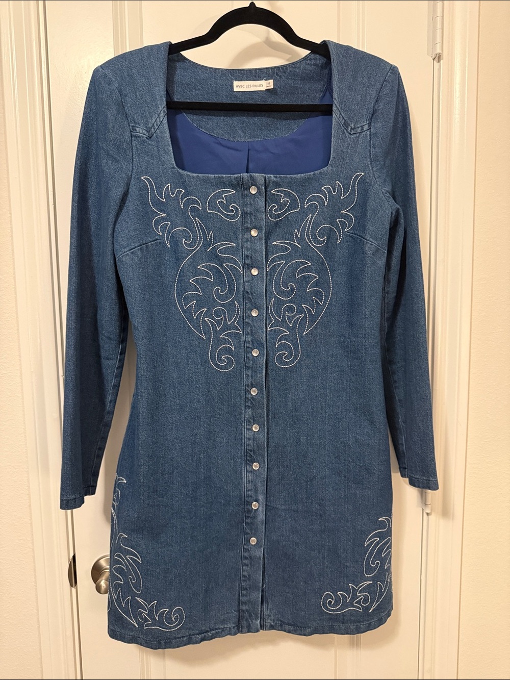 Avec les Filles Denim Rodeo Western Embroidered Pearl Snap Front Mini Dress Sz10